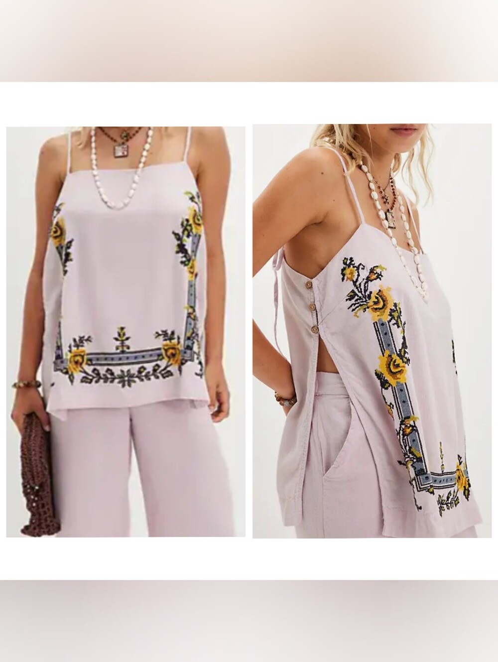 NWOT Free People Sightseer Embroidered Linen Tank Top Lilac Pink Floral Boho M